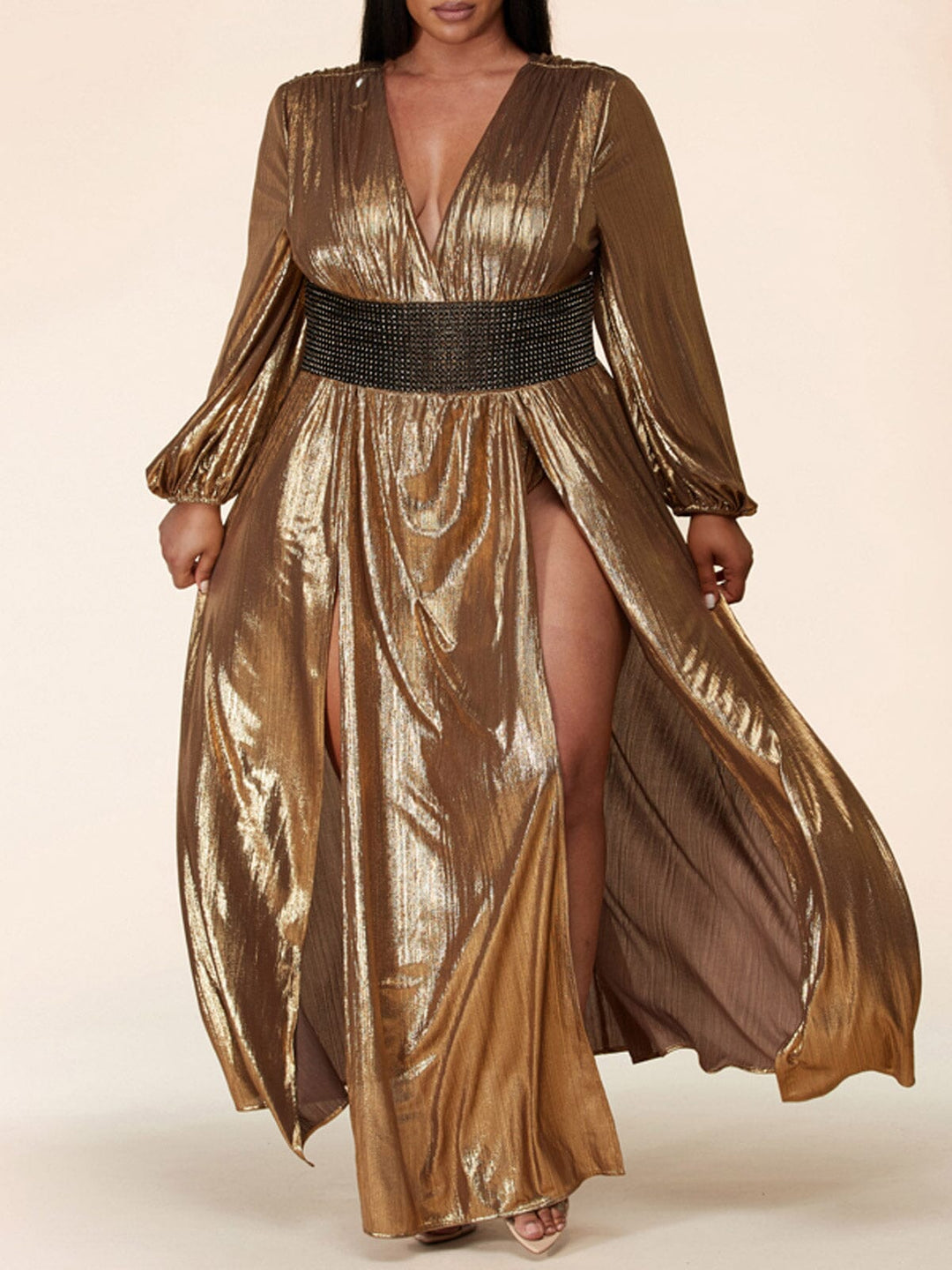 PLUS SIZE LONG SLEEVE V-NECK BELTED SLIT MAXI DRESS