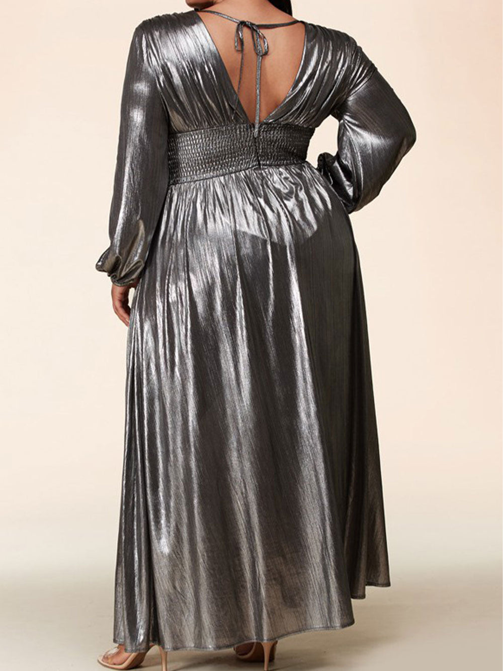 PLUS SIZE LONG SLEEVE V-NECK BELT FRONT SLIT MAXI DRESS