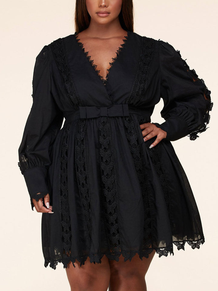 PLUS SIZE LONG SLEEVE V-NECK BUTTERFLY CROCHET DETAILED MINI DRESS