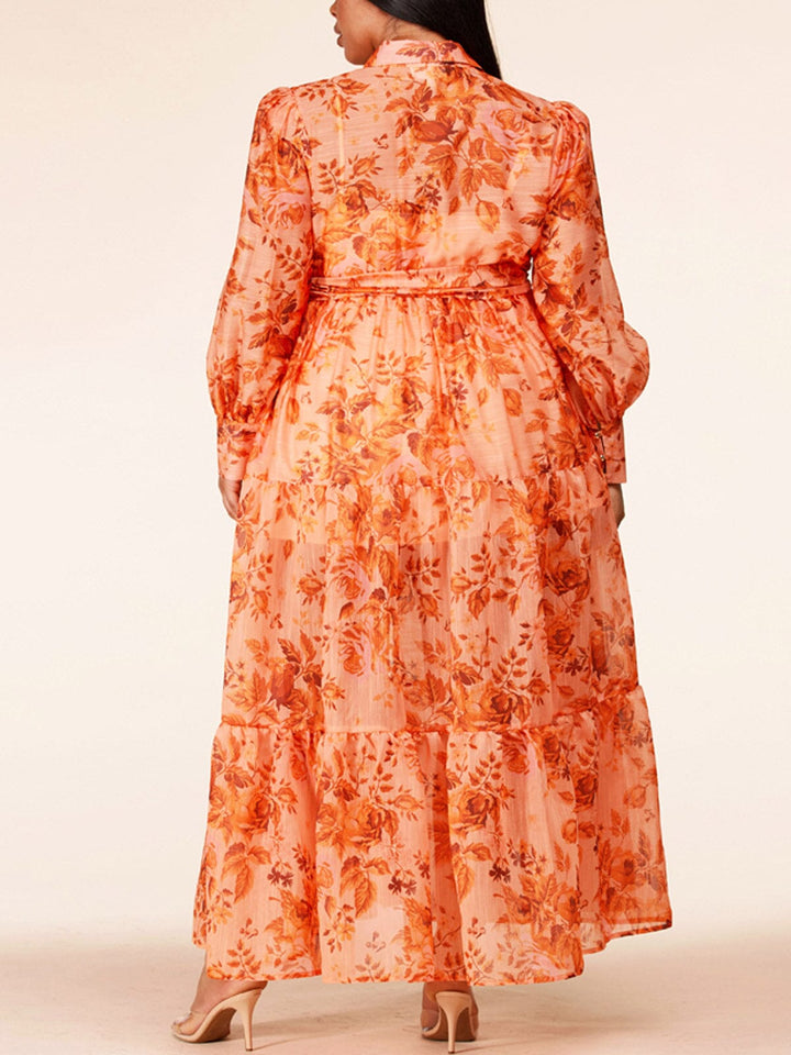 PLUS SIZE LONG SLEEVE RUFFLE TIERED BUTTON UP MAXI DRESS