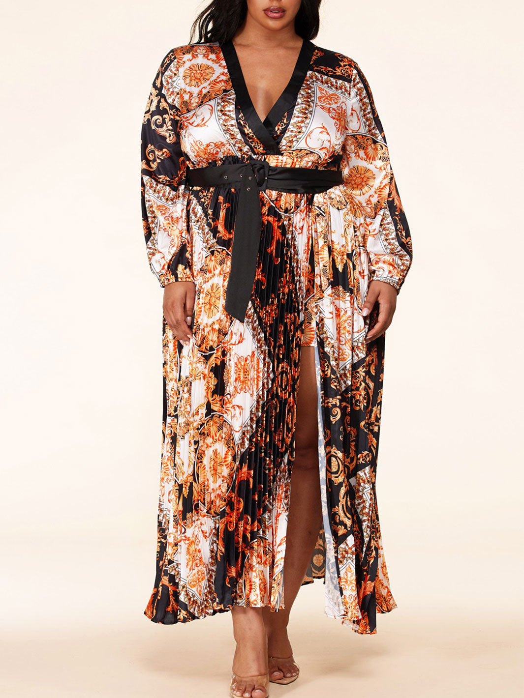 PLUS SIZE LONG SLEEVE V-NECK MULTI PRINT SURPLICE PLEATED MAXI DRESS