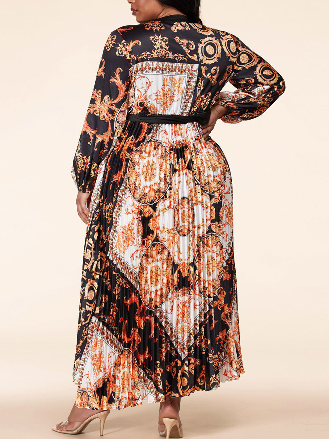 PLUS SIZE LONG SLEEVE V-NECK MULTI PRINT SURPLICE PLEATED MAXI DRESS