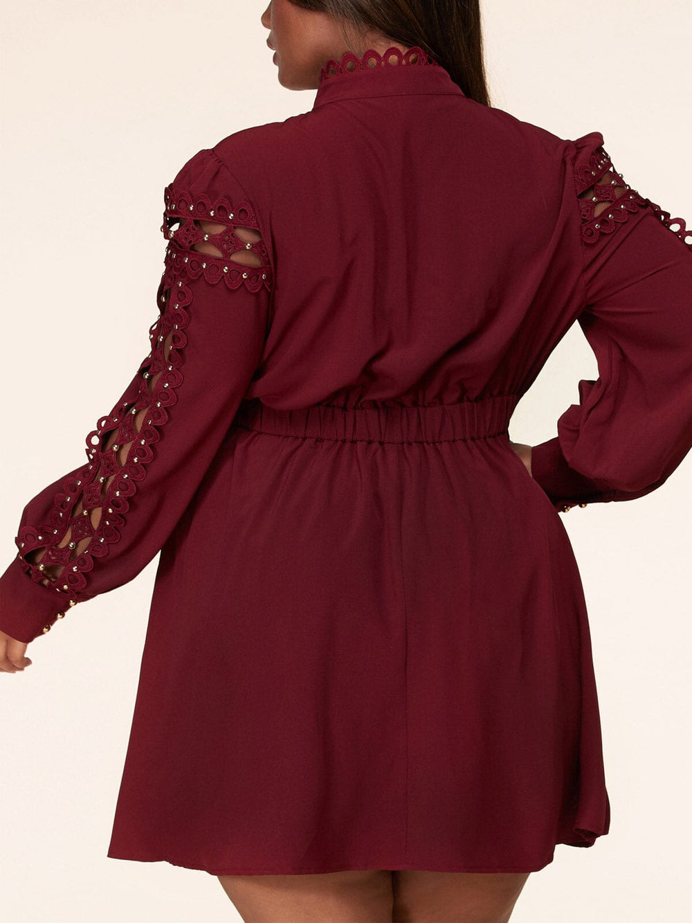 PLUS SIZE LONG PUFF SLEEVE PEARL DETAILED MINI DRESS