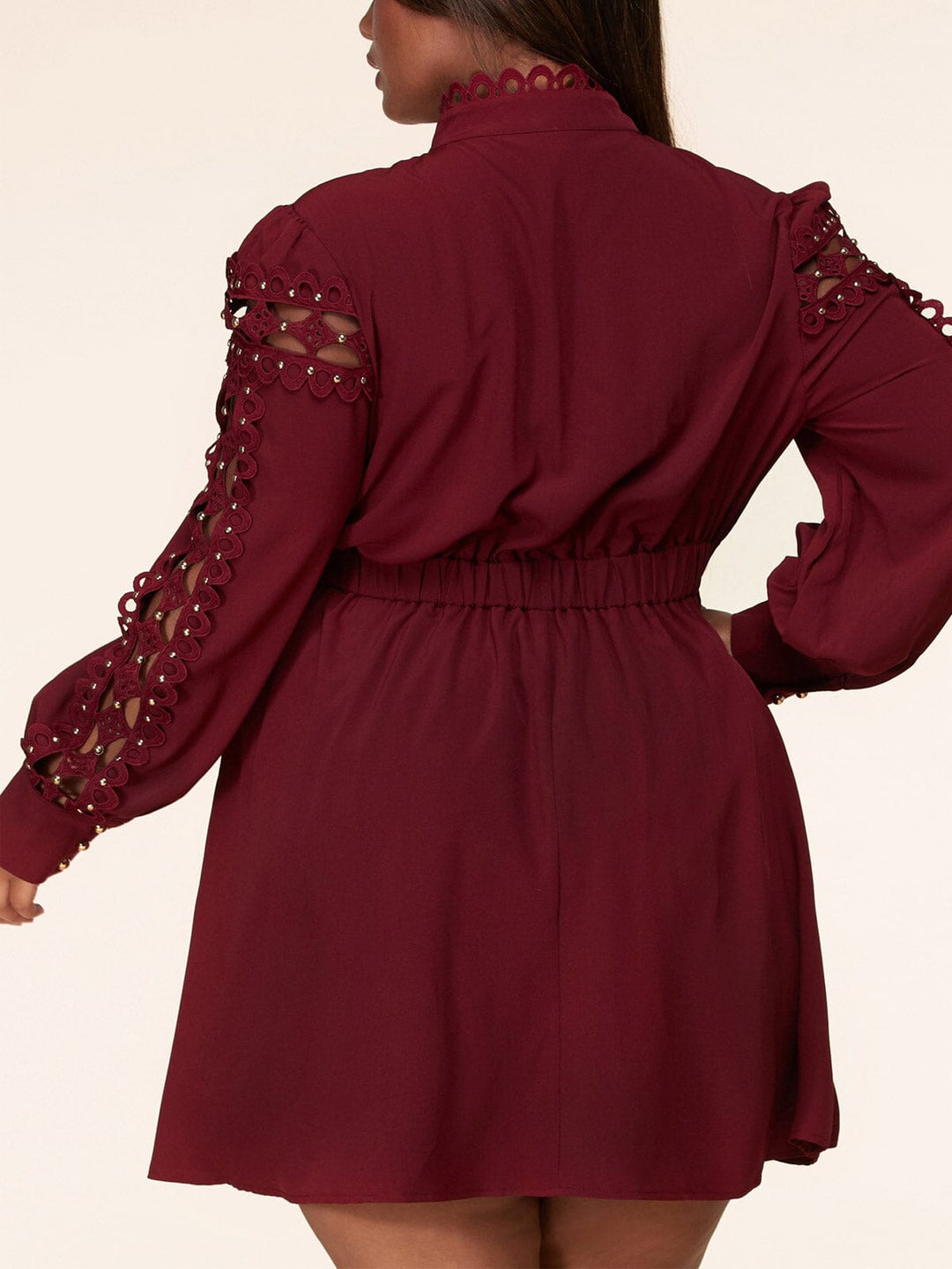 PLUS SIZE LONG PUFF SLEEVE PEARL DETAILED MINI DRESS