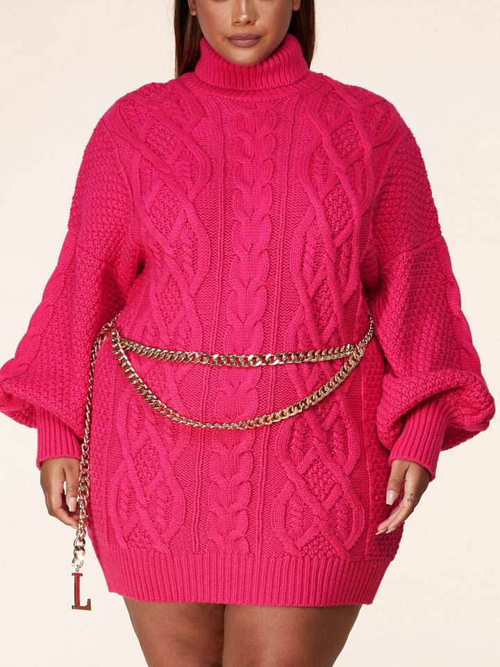 PLUS SIZE LONG PUFF SLEEVE TURTLE NECK CHAIN BELT MINI DRESS