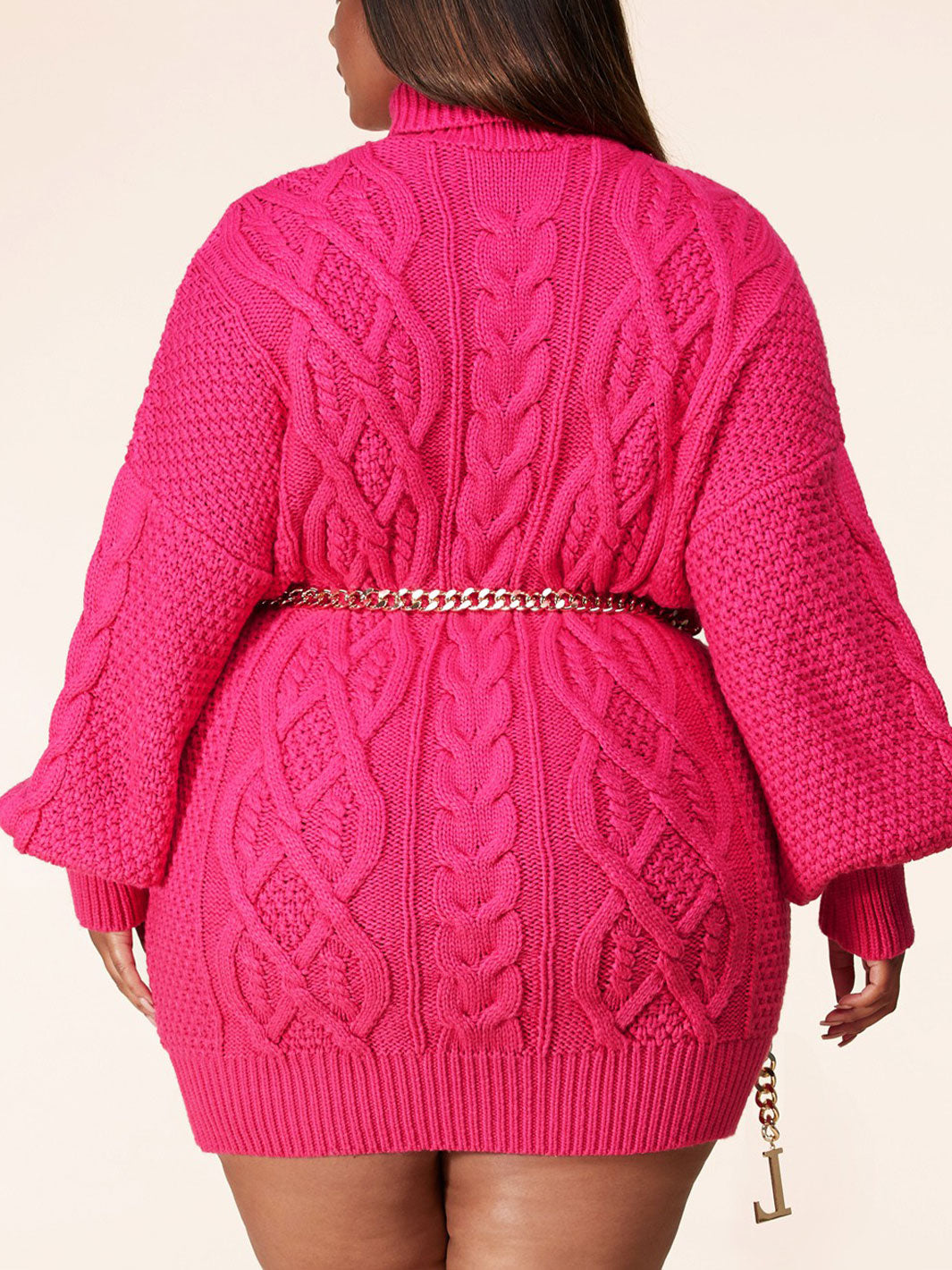 PLUS SIZE LONG PUFF SLEEVE TURTLE NECK CHAIN BELT MINI DRESS