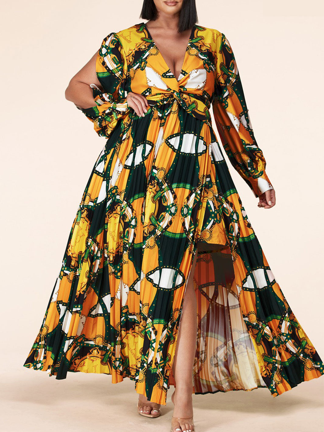 PLUS SIZE LONG SLEEVE V-NECK PLEATED MULTI PRINT MAXI DRESS