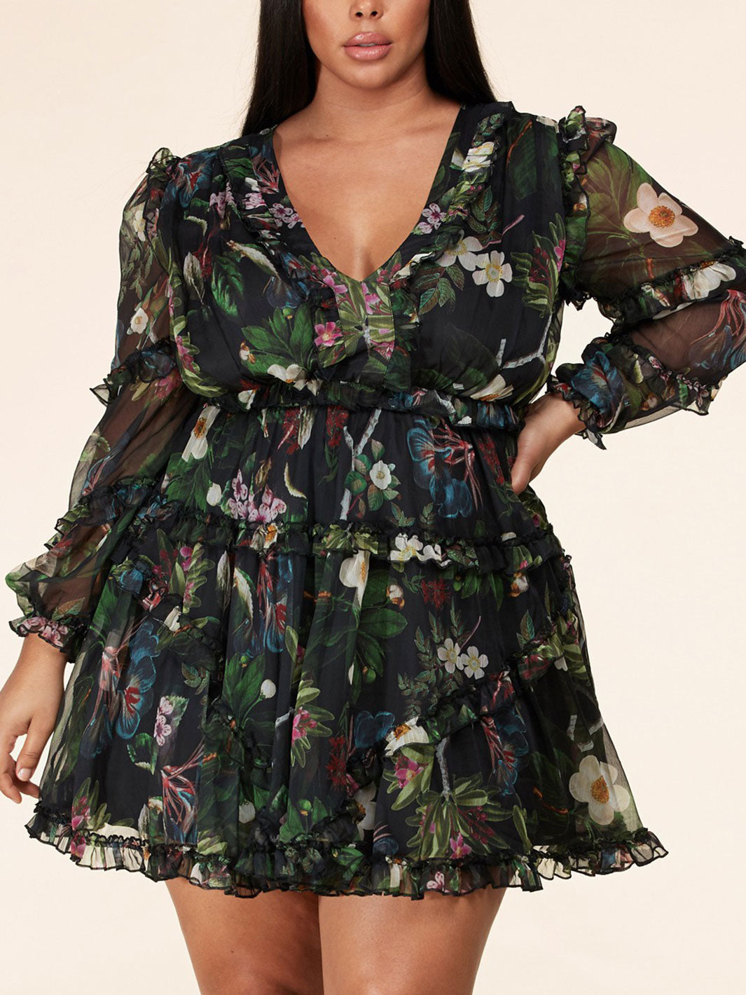 PLUS SIZE LONG SLEEVE RUFFLE FLORAL BACK LACE UP MINI DRESS