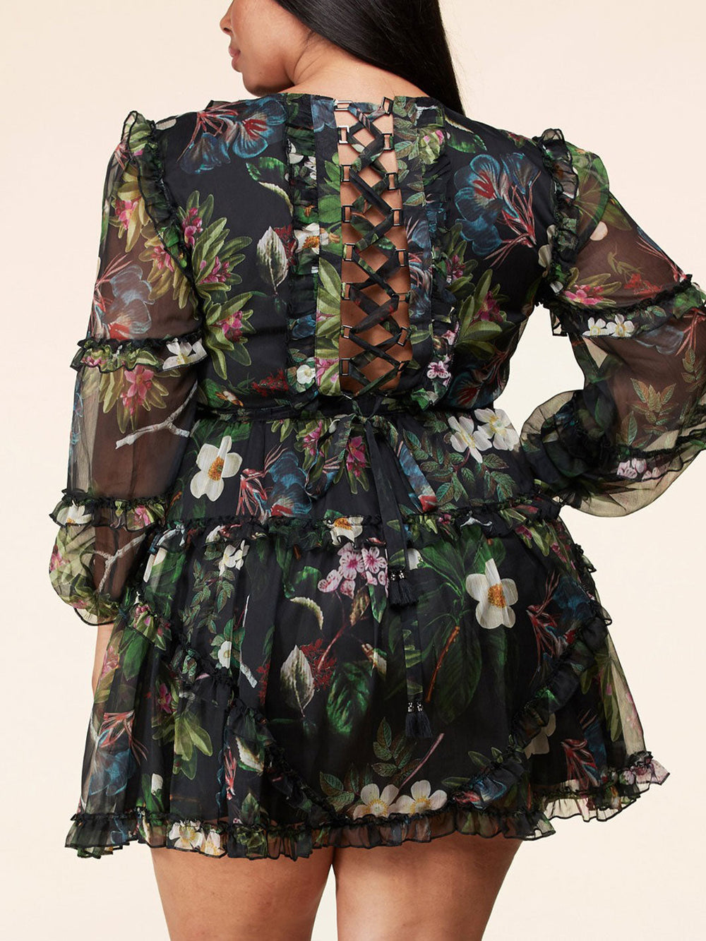 PLUS SIZE LONG SLEEVE RUFFLE FLORAL BACK LACE UP MINI DRESS