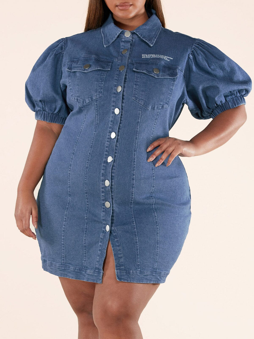 PLUS SIZE SHORT PUFF SLEEVE BUTTON UP DENIM MINI DRESS –  Wholesalefashiontrends.com