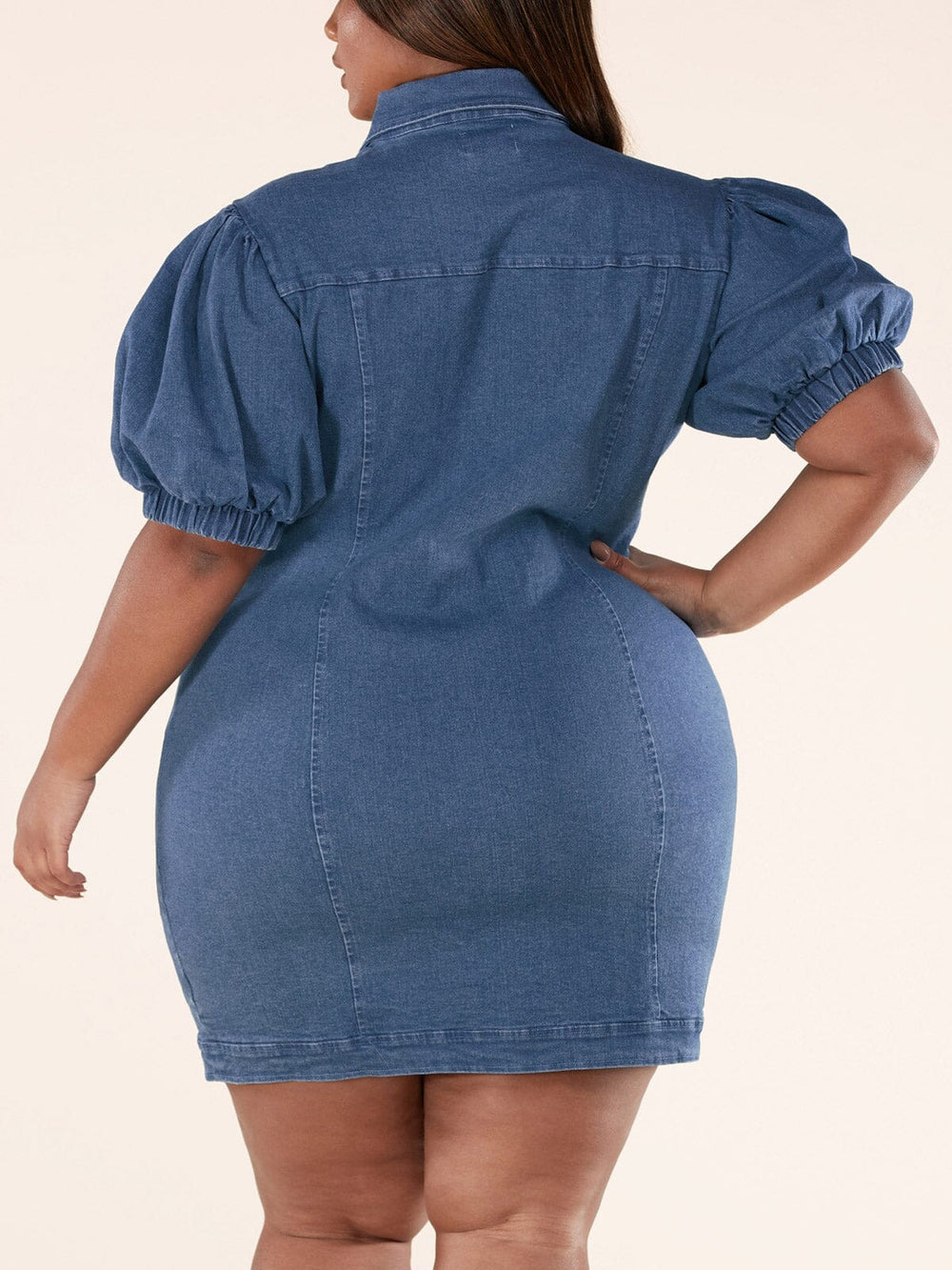 PLUS SIZE SHORT PUFF SLEEVE BUTTON UP DENIM MINI DRESS
