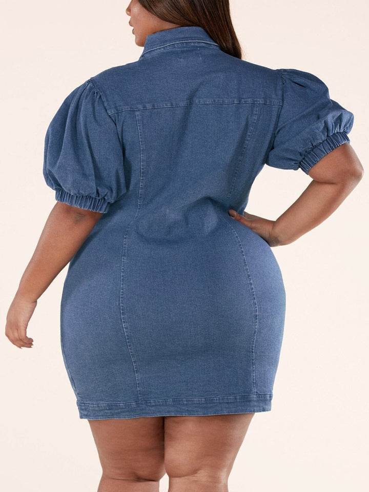 PLUS SIZE SHORT PUFF SLEEVE BUTTON UP DENIM MINI DRESS