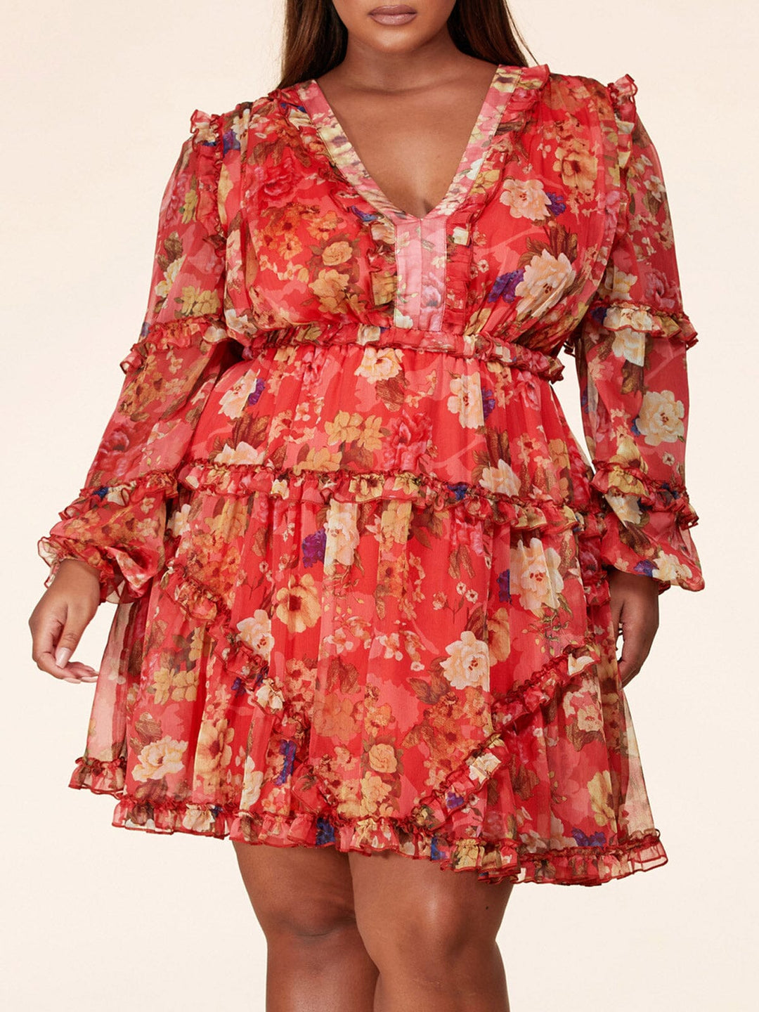 PLUS SIZE LONG SLEEVE RUFFLE BACK LACE UP FLORAL MINI DRESS