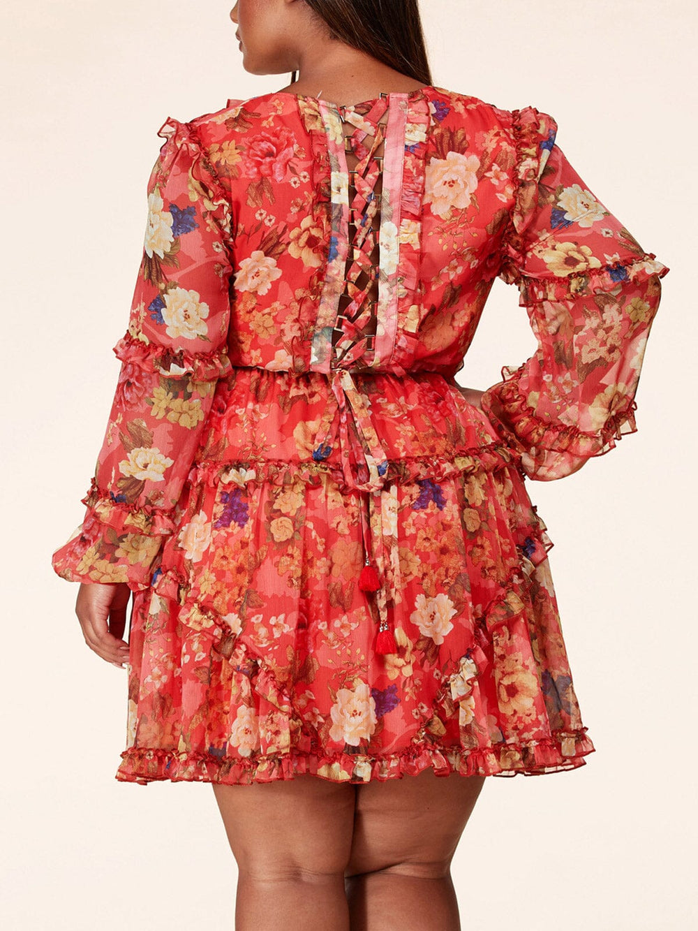 PLUS SIZE LONG SLEEVE RUFFLE BACK LACE UP FLORAL MINI DRESS