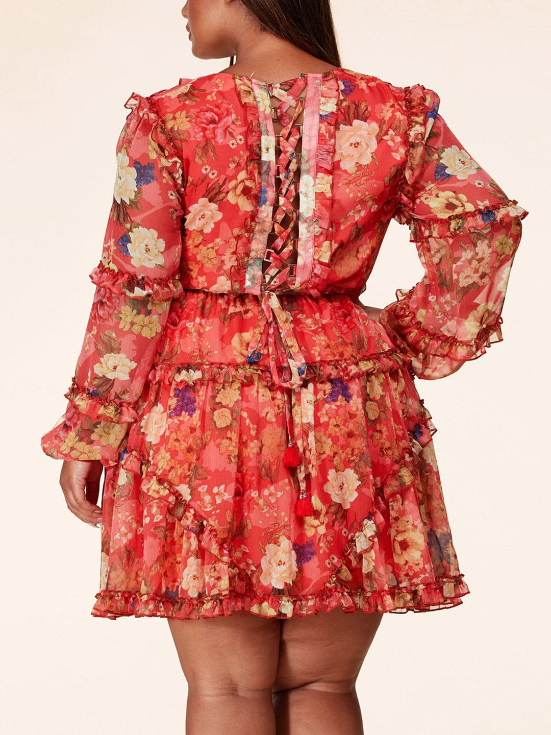 PLUS SIZE LONG SLEEVE RUFFLE BACK LACE UP FLORAL MINI DRESS