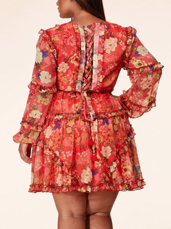 PLUS SIZE LONG SLEEVE RUFFLE BACK LACE UP FLORAL MINI DRESS