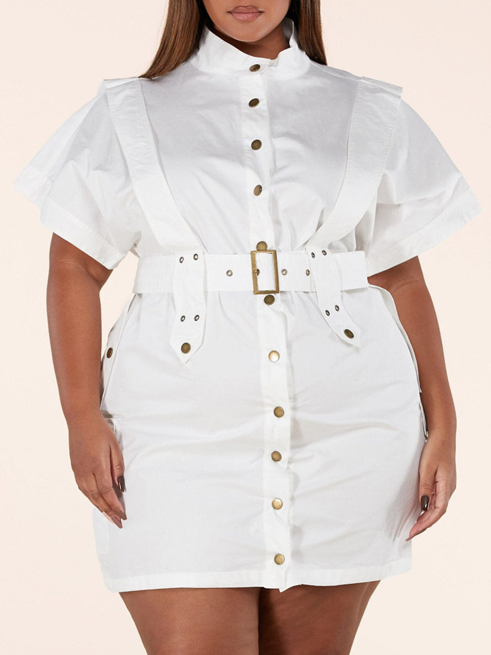 PLUS SIZE SHORT SLEEVE BUTTON UP BELTED MINI DRESS
