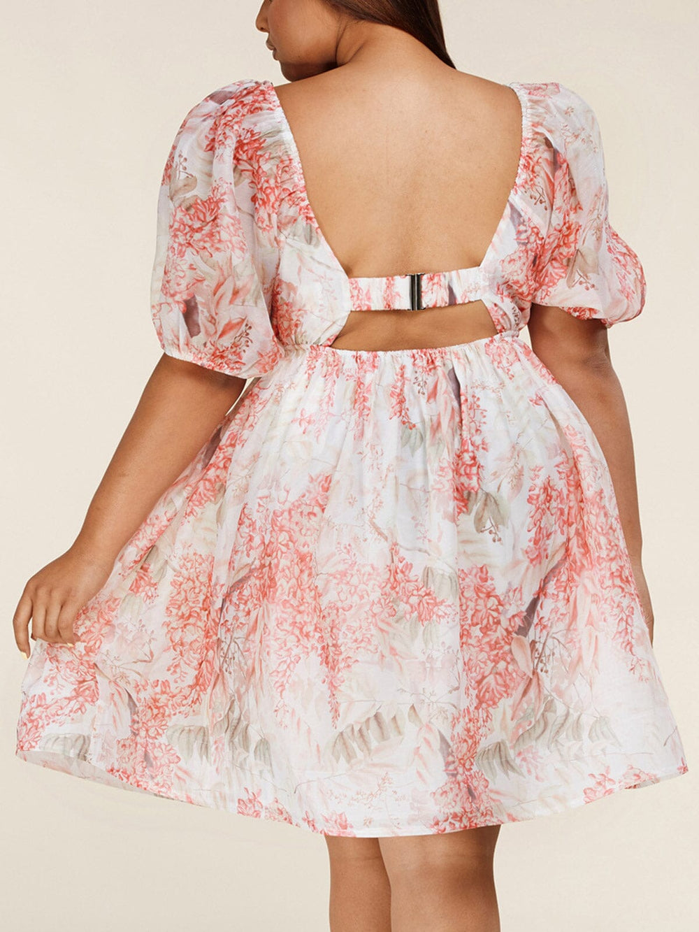 PLUS SIZE SHORT PUFF SLEEVE V-NECK OPEN BACK FLORAL MINI DRESS