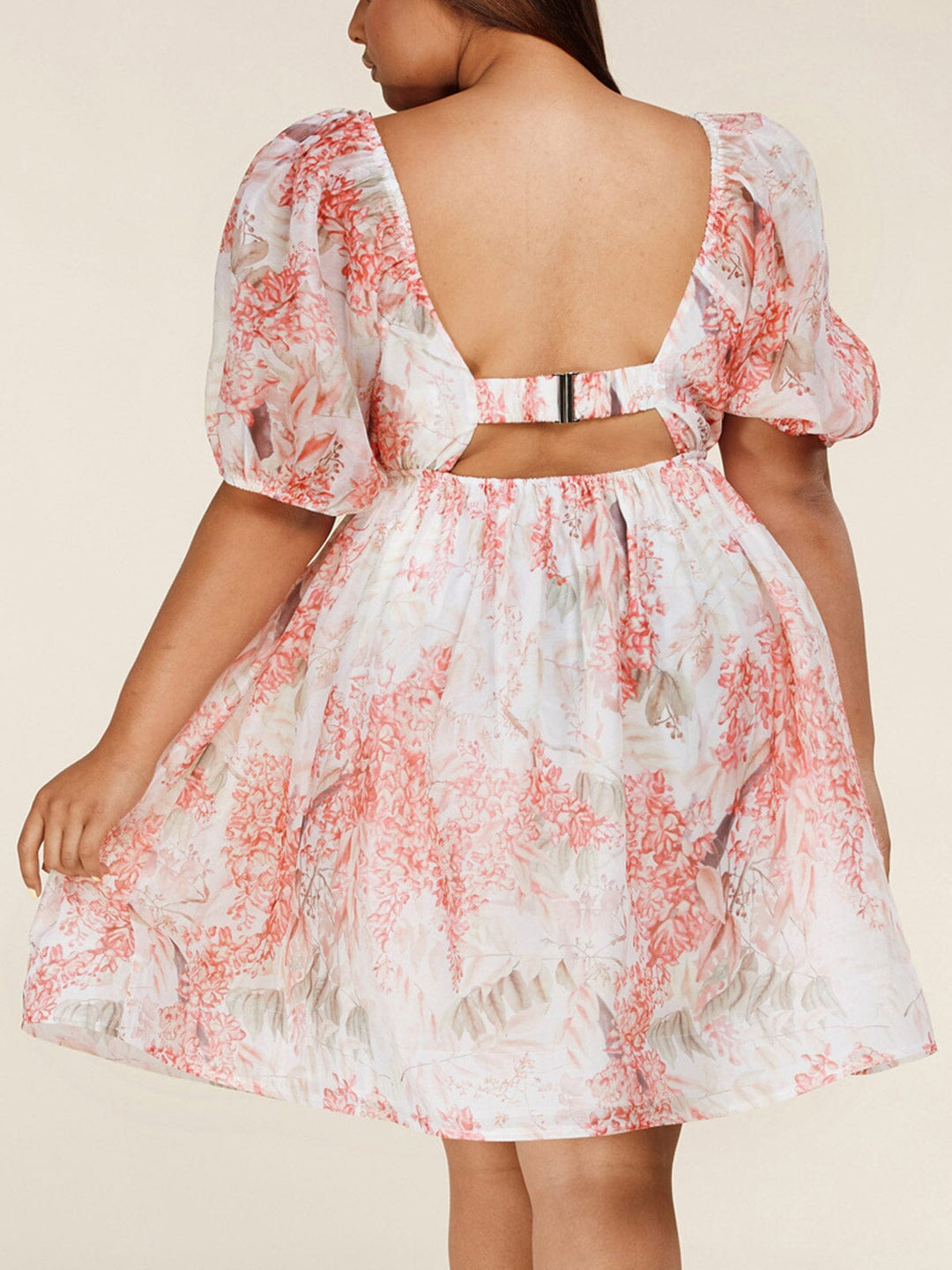 PLUS SIZE SHORT PUFF SLEEVE V-NECK OPEN BACK FLORAL MINI DRESS