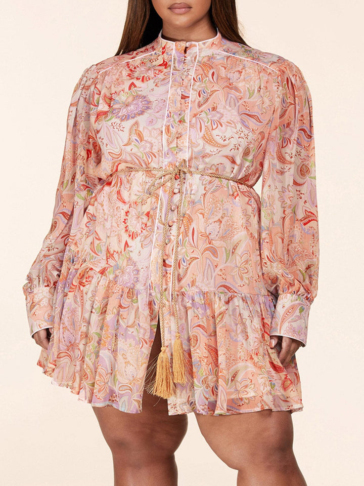 PLUS SIZE LONG SLEEVE BUTTON UP SELF TIE FLORAL MINI DRESS