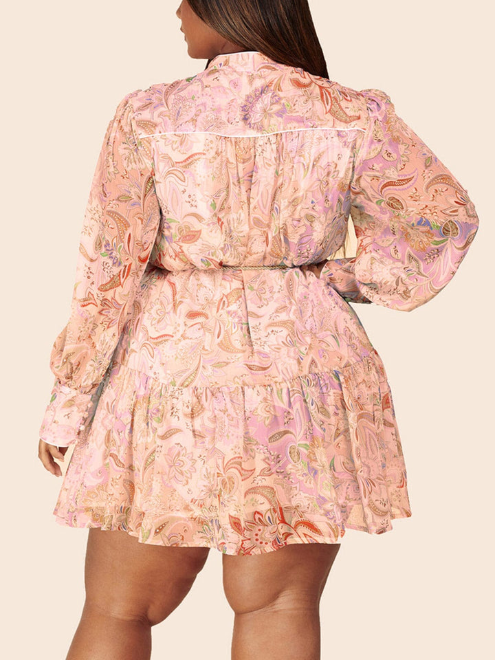 PLUS SIZE LONG SLEEVE BUTTON UP SELF TIE FLORAL MINI DRESS