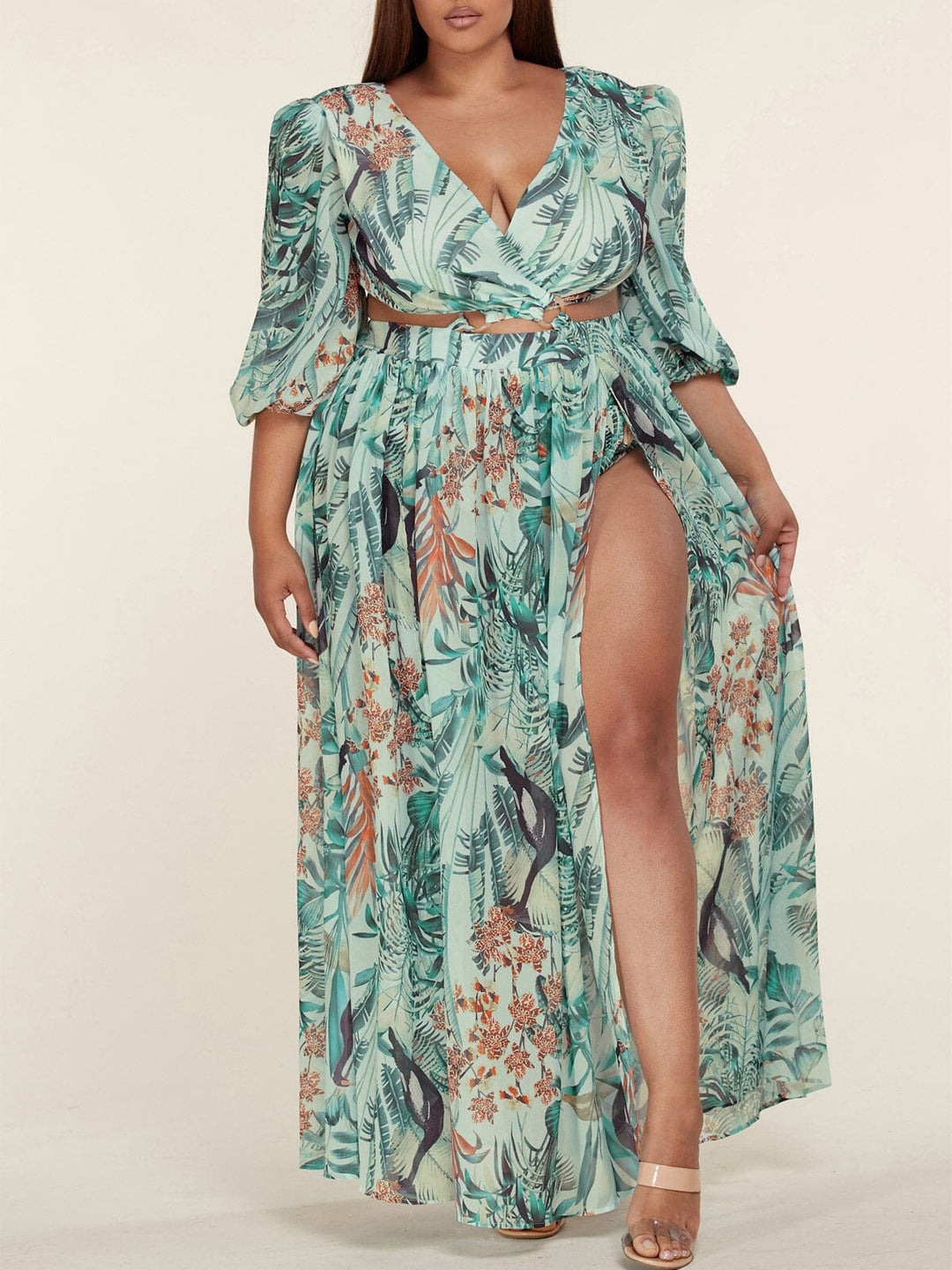 PLUS SIZE 3/4 SLEEVE CUT OUT FLORAL MAXI DRESS