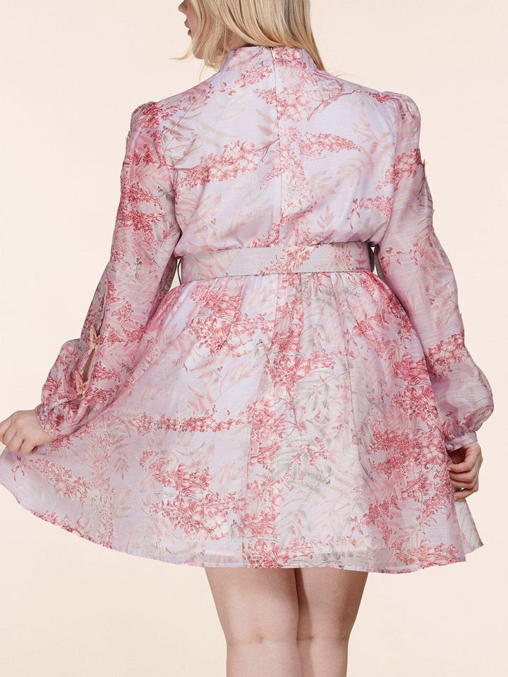 PLUS SIZE LONG PUFF SLEEVE BELTED MINI DRESS