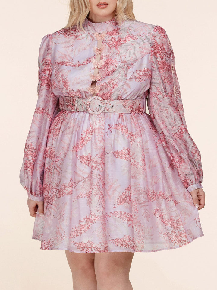 PLUS SIZE LONG PUFF SLEEVE BELTED MINI DRESS