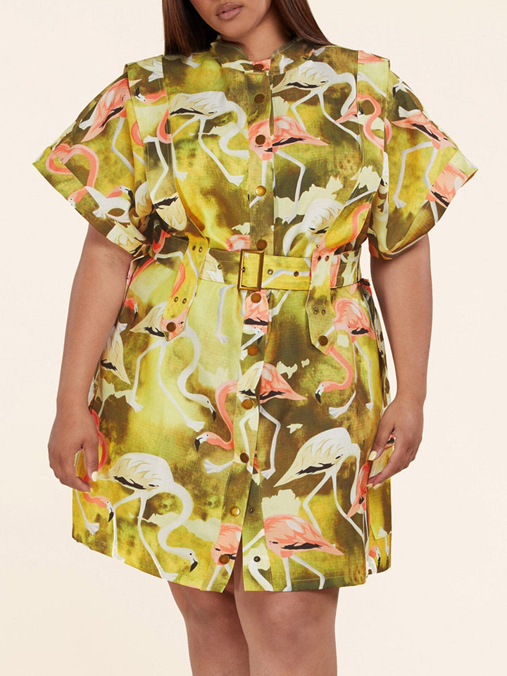 PLUS SIZE SHORT SLEEVE BUTTON UP BELTED FLAMINGO PRINT MINI DRESS