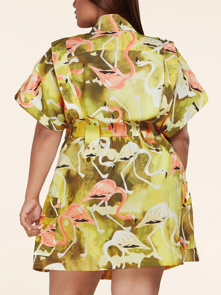 PLUS SIZE SHORT SLEEVE BUTTON UP BELTED FLAMINGO PRINT MINI DRESS