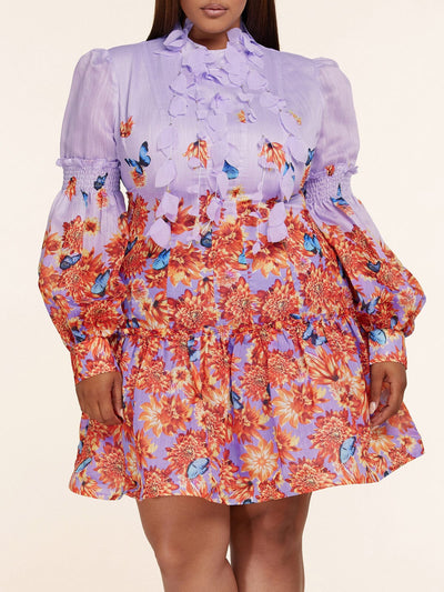 PLUS SIZE LONG PUFF SLEEVE BUTTON UP FLORAL MINI DRESS