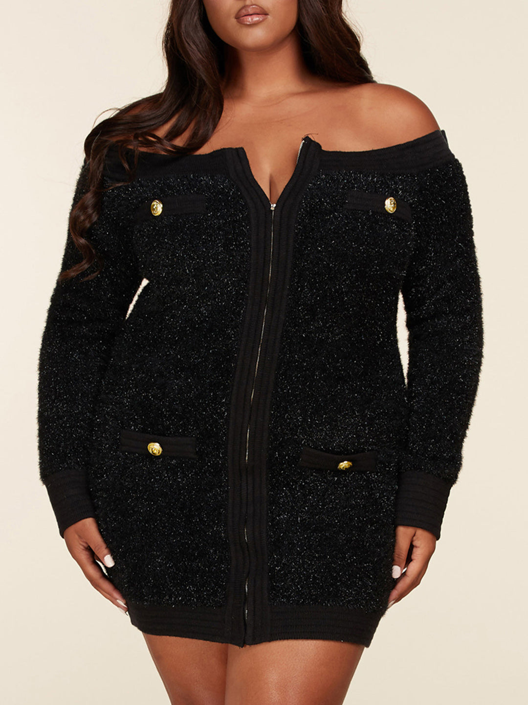 PLUS SIZE LONG SLEEVE FUZZY ZIP UP MINI DRESS