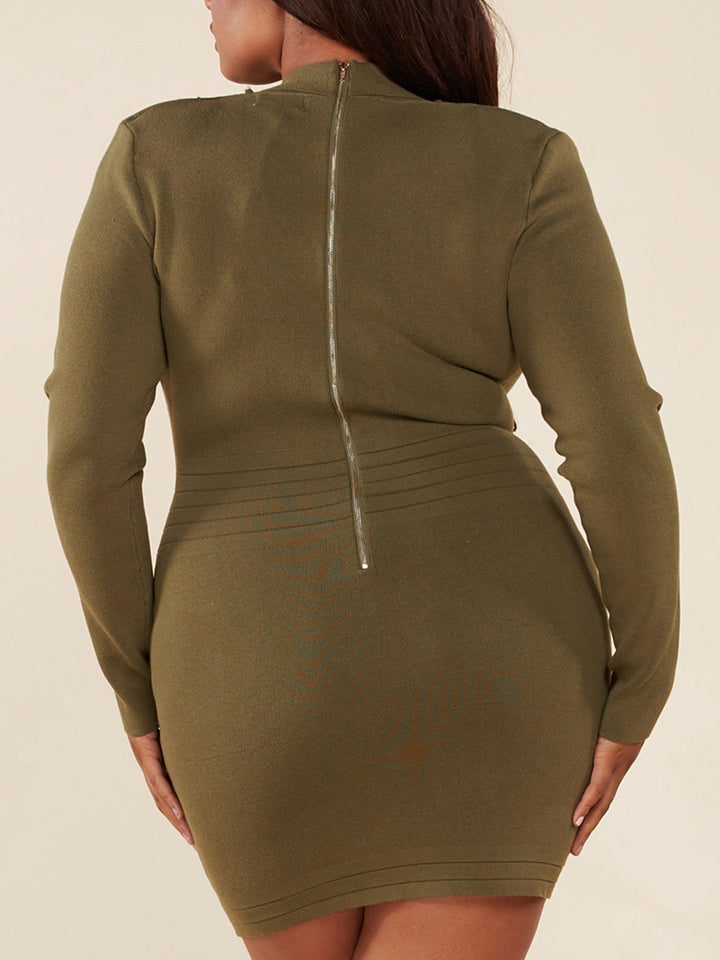 PLUS SIZE LONG SLEEVE BANDAGE ZIP UP MINI DRESS