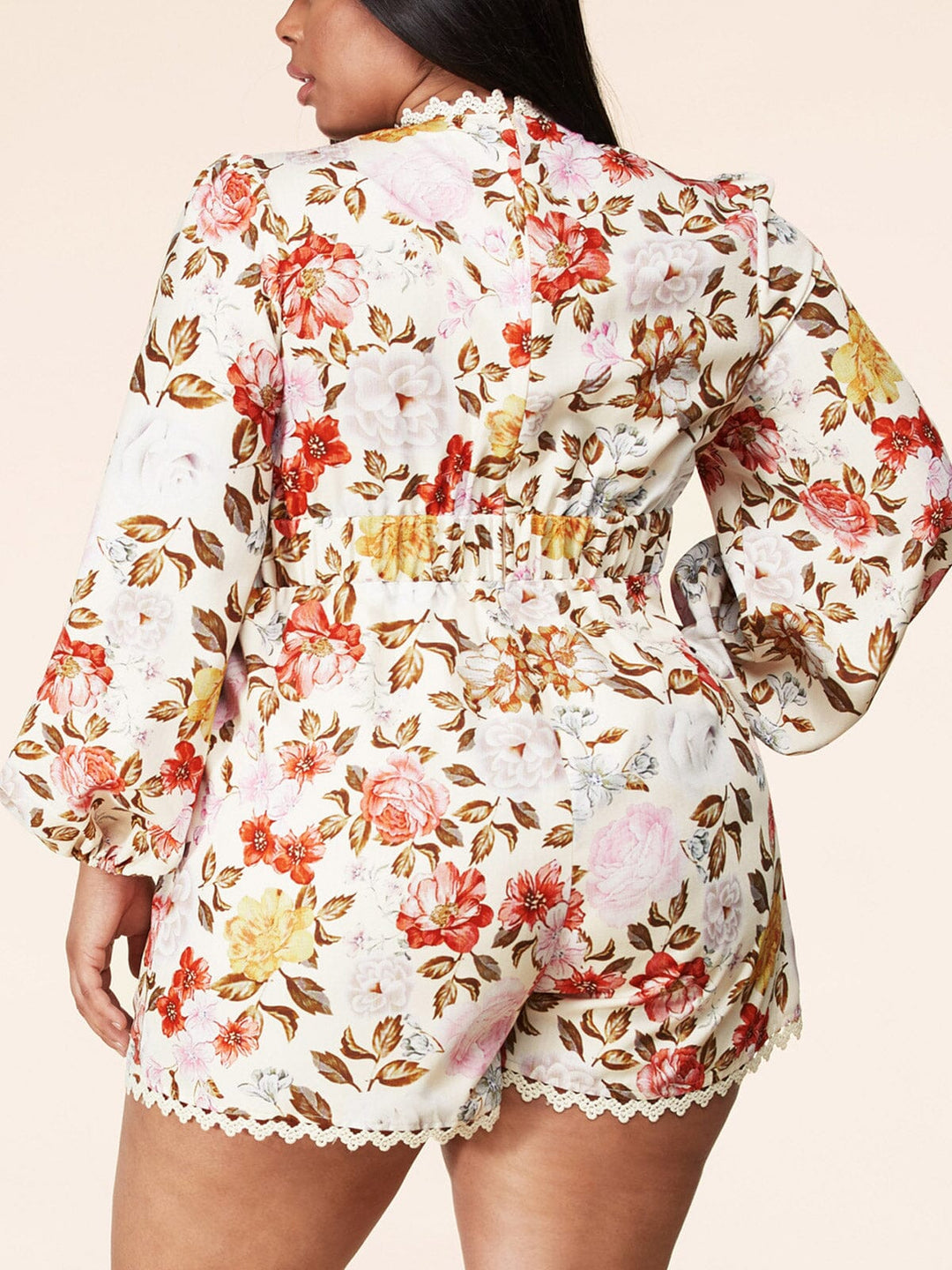PLUS SIZE LONG SLEEVE V-NECK FLORAL ROMPER