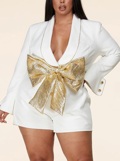 PLUS SIZE LONG SLEEVE V-NECK WITH REMOVABLE BOW BELT ROMPER