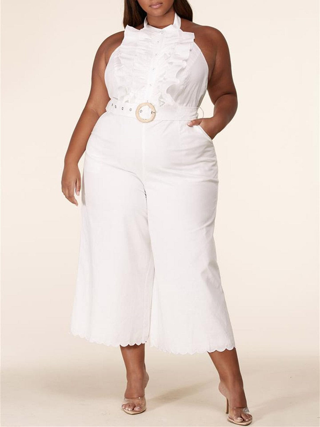 PLUS SIZE SLEEVELESS RUFFLE OPEN BACK JUMPSUIT