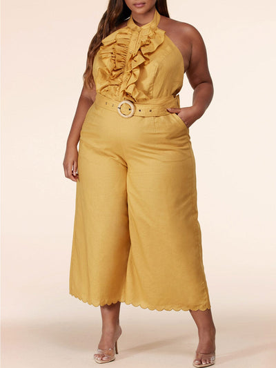 PLUS SIZE SLEEVELESS RUFFLE OPEN BACK JUMPSUIT