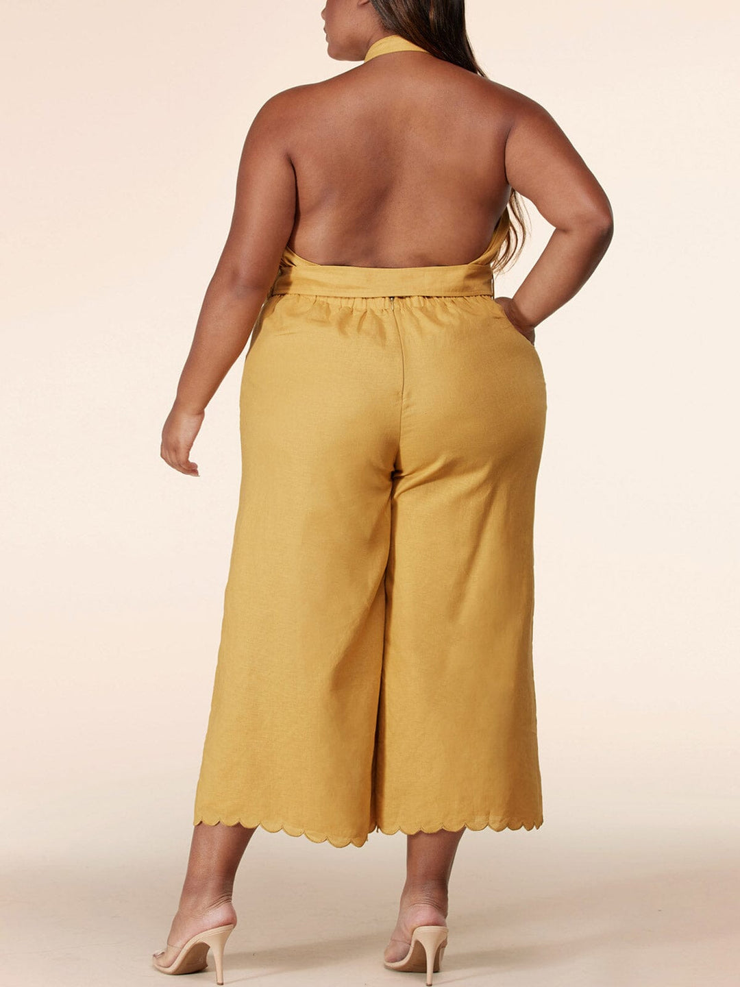 PLUS SIZE SLEEVELESS RUFFLE OPEN BACK JUMPSUIT