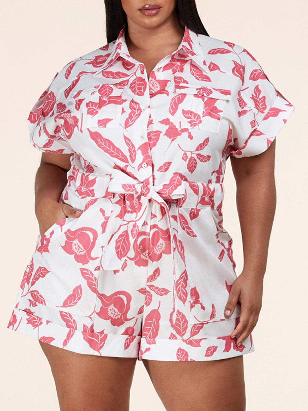 PLUS SIZE SHORT SLEEVE BUTTON UP FLORAL SELF TIE ROMPER