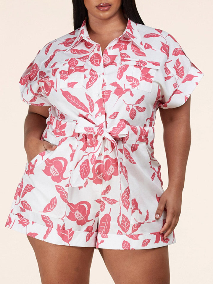 PLUS SIZE SHORT SLEEVE BUTTON UP FLORAL SELF TIE ROMPER