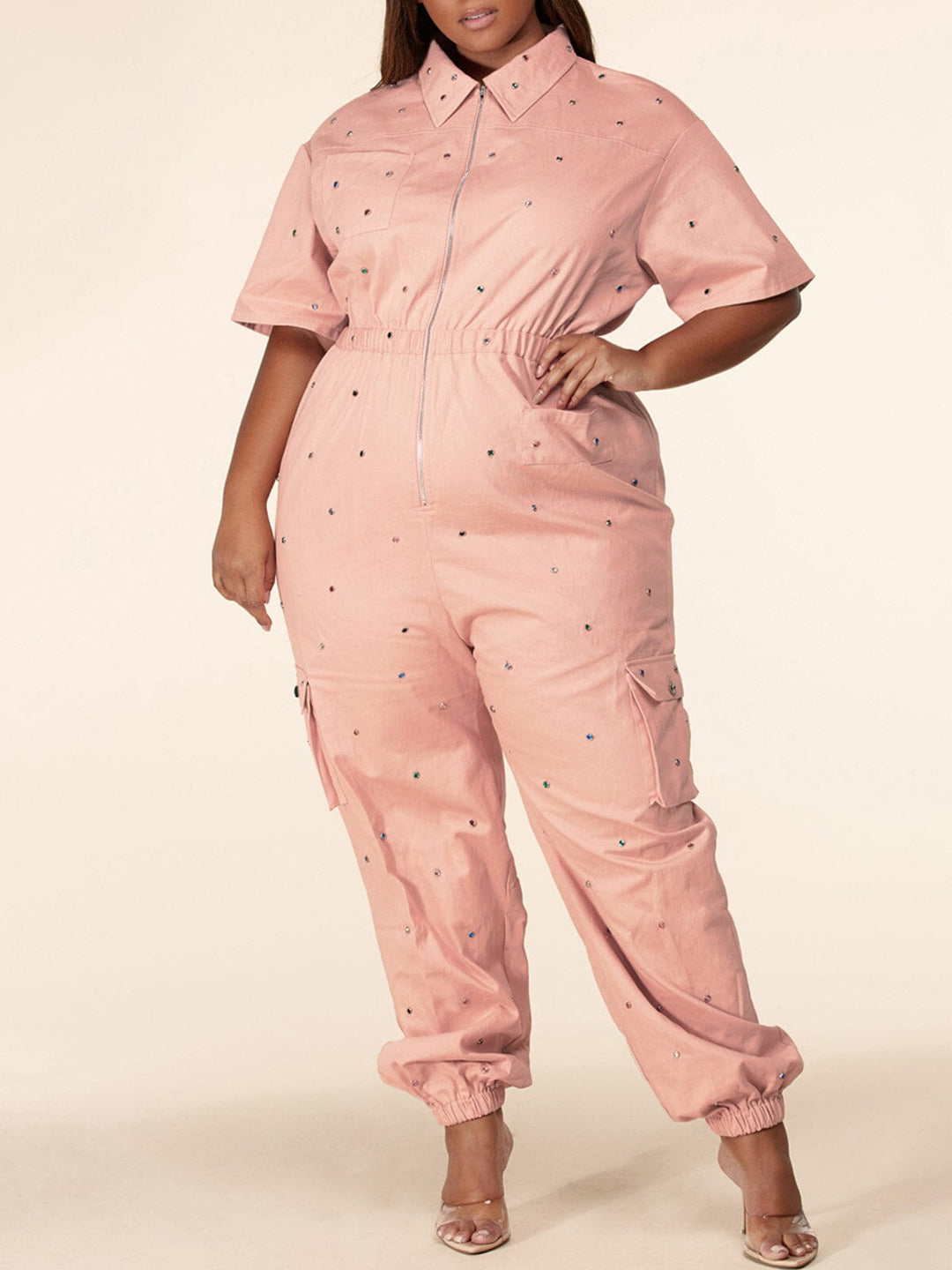 PLUS SIZE SHORT SLEEVE ZIP UP RHIMESTONES DETAILED DENIM JUMPSUIT