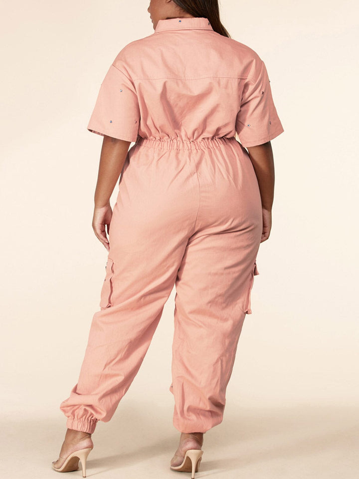 PLUS SIZE SHORT SLEEVE ZIP UP RHIMESTONES DETAILED DENIM JUMPSUIT