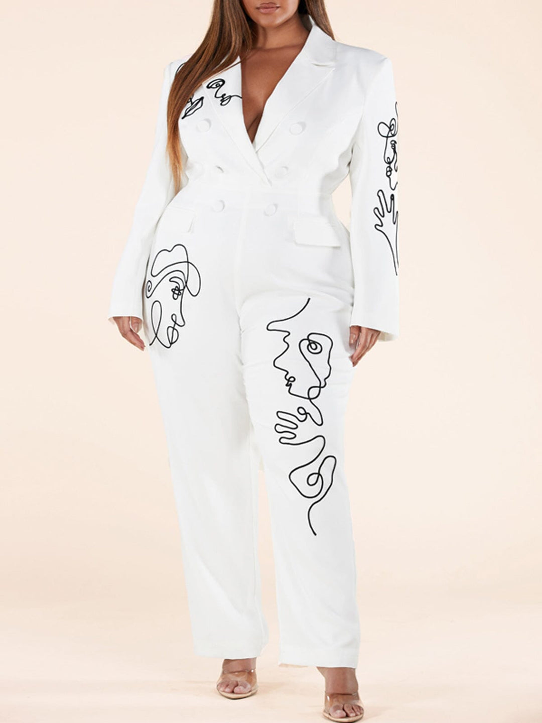 PLUS SIZE LONG SLEEVE V-NECK BACK CUT OUT JUMPSUIT