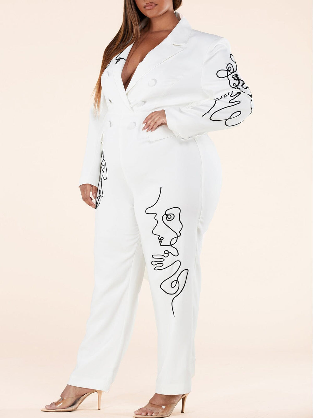 PLUS SIZE LONG SLEEVE V-NECK BACK CUT OUT JUMPSUIT