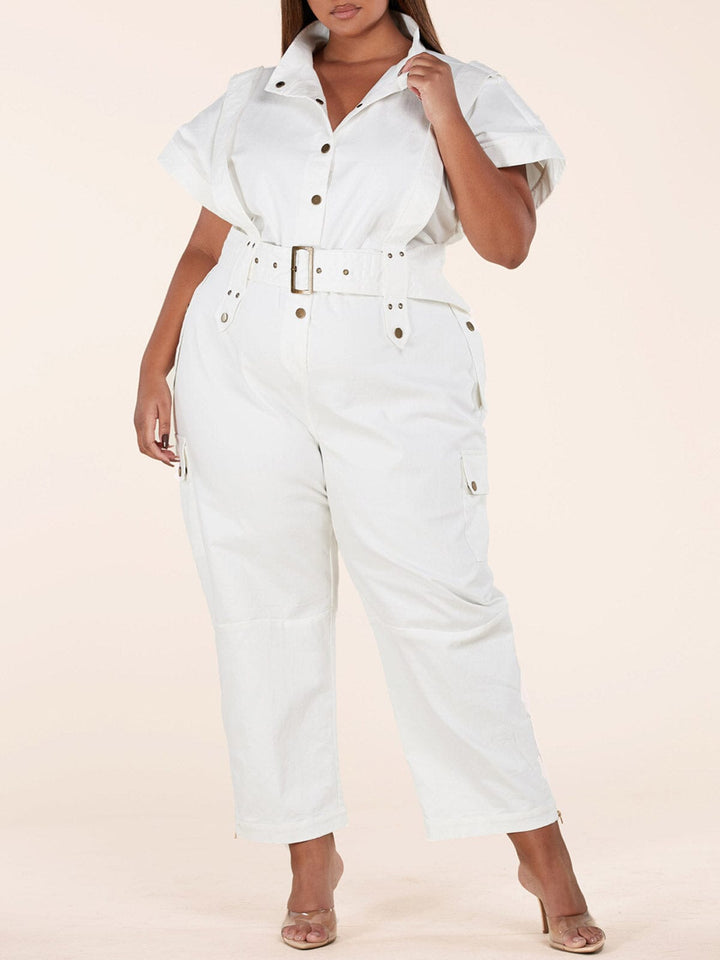 PLUS SIZE SHORT SLEEVE BUTTON UP BELTED DENIM JUMPSUIT