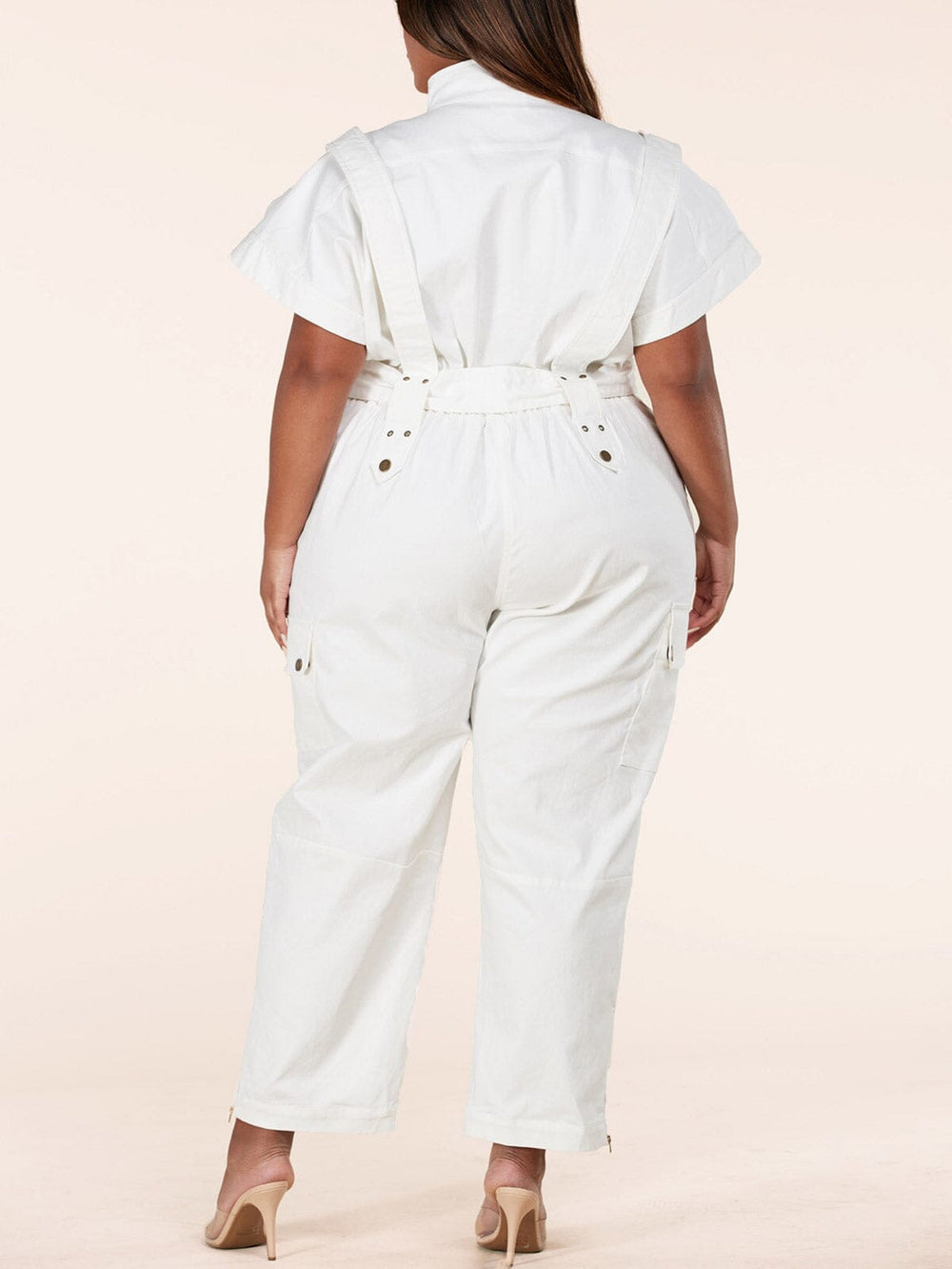 PLUS SIZE SHORT SLEEVE BUTTON UP BELTED DENIM JUMPSUIT