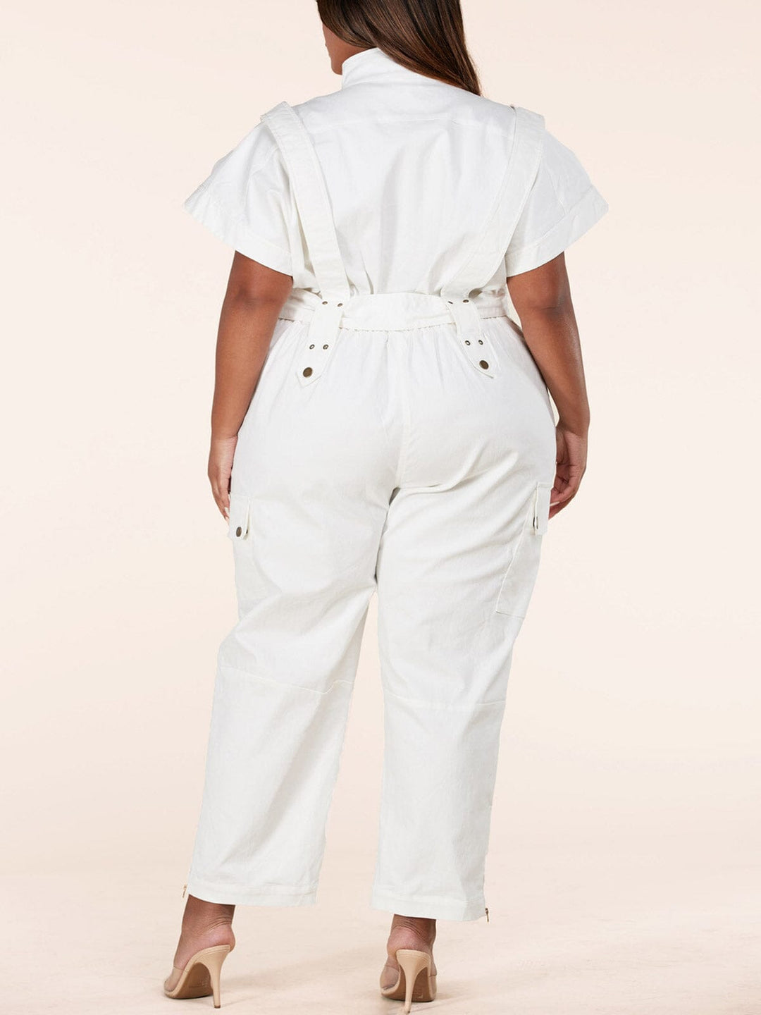PLUS SIZE SHORT SLEEVE BUTTON UP BELTED DENIM JUMPSUIT