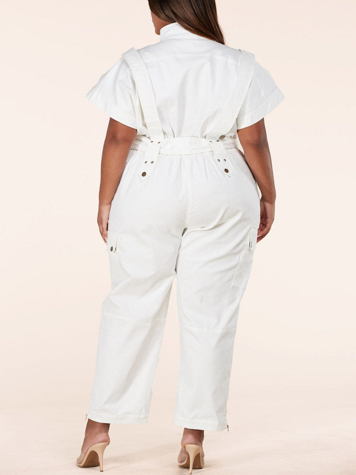 PLUS SIZE SHORT SLEEVE BUTTON UP BELTED DENIM JUMPSUIT