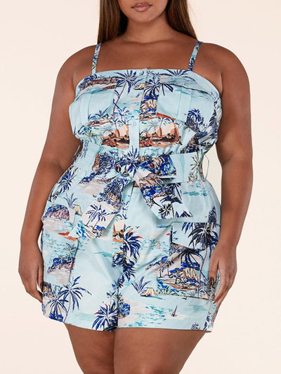 PLUS SIZE SLEEVELESS BUTTON UP FLORAL BELTED ROMPER