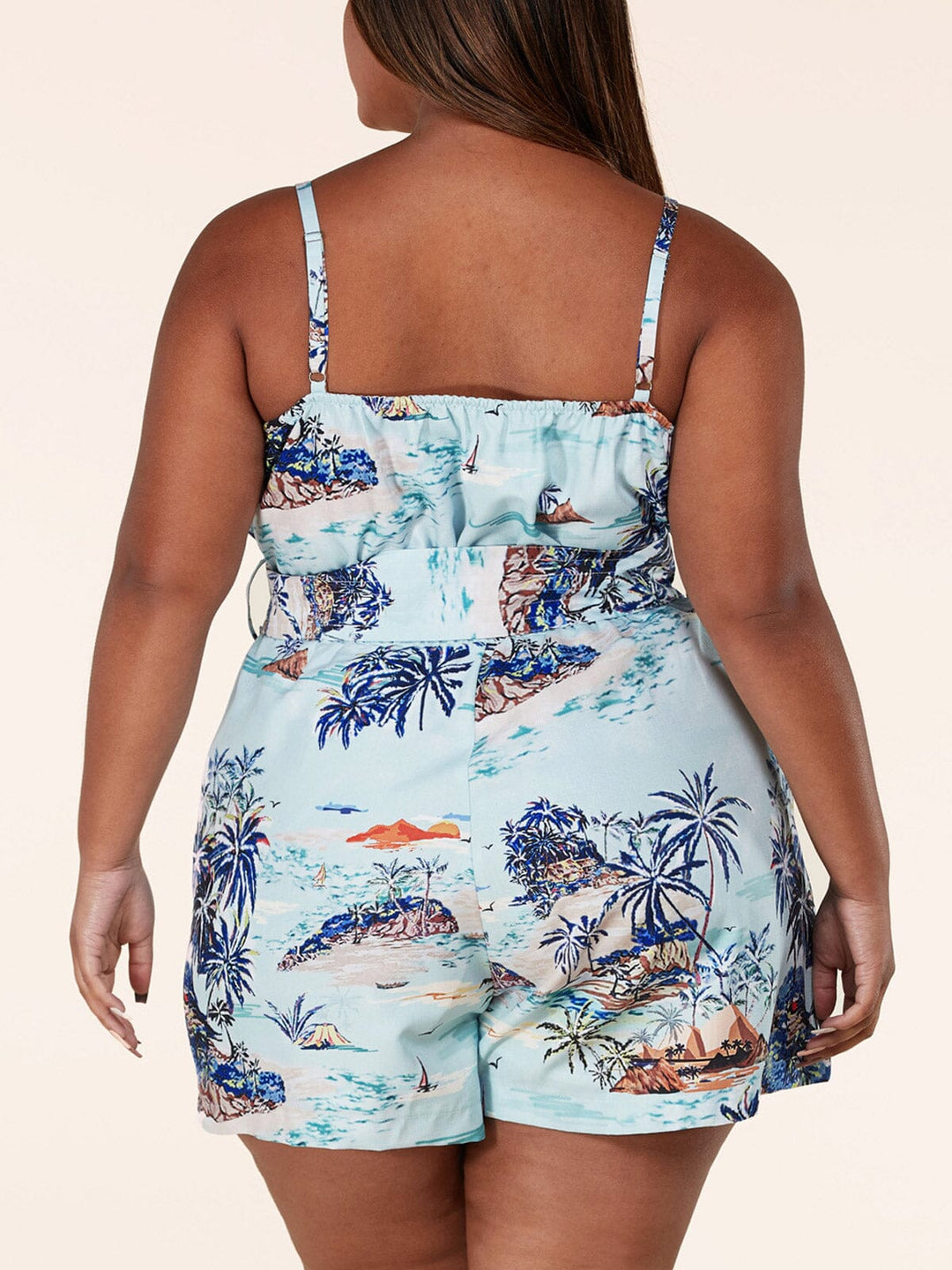 PLUS SIZE SLEEVELESS BUTTON UP FLORAL BELTED ROMPER